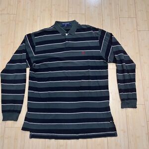Polo by Ralph Lauren Black, Dark Green and White Striped Long Sleeve Polo Shirt